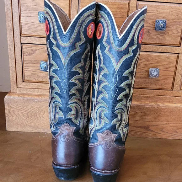 Tony Lama Brown And Black With Fancy Stitching Leather Buckaroo Cowboy Boots - Picture 2 of 6